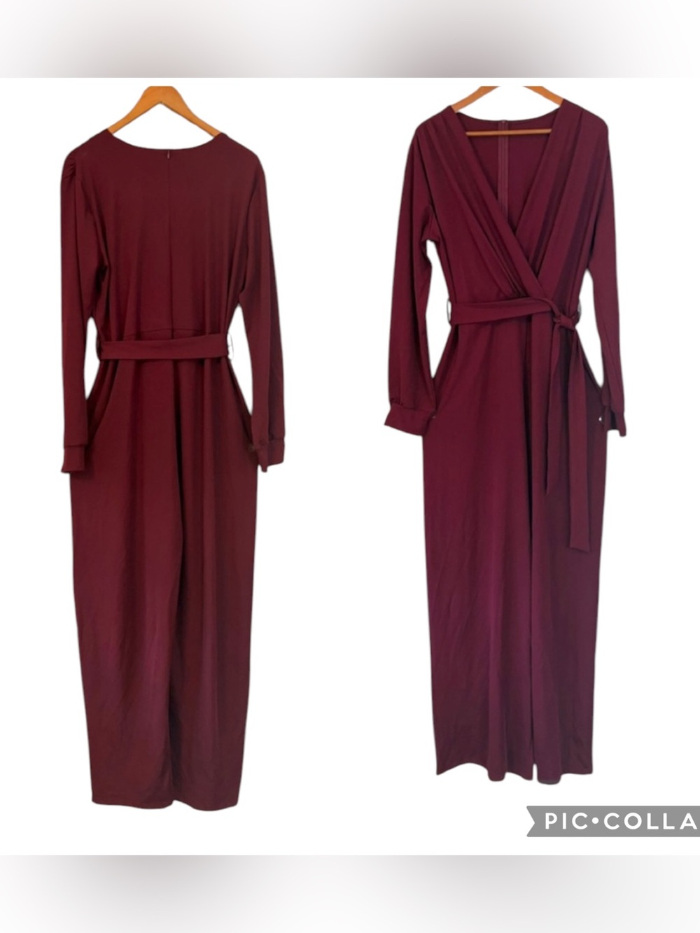 BURGUNDY SURPLICE NECKLINE WIDE LEG JUMPSUIT - Picture 2 of 3